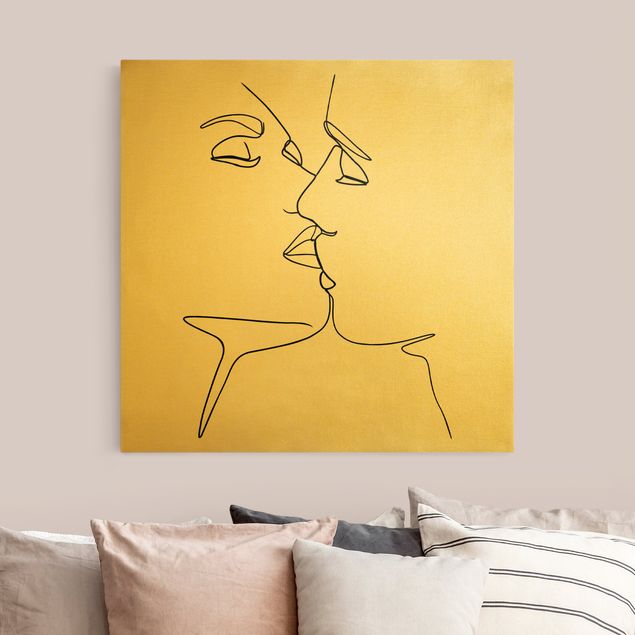 Stampa su tela oro Line Art - Facce da bacio Bianco e Nero