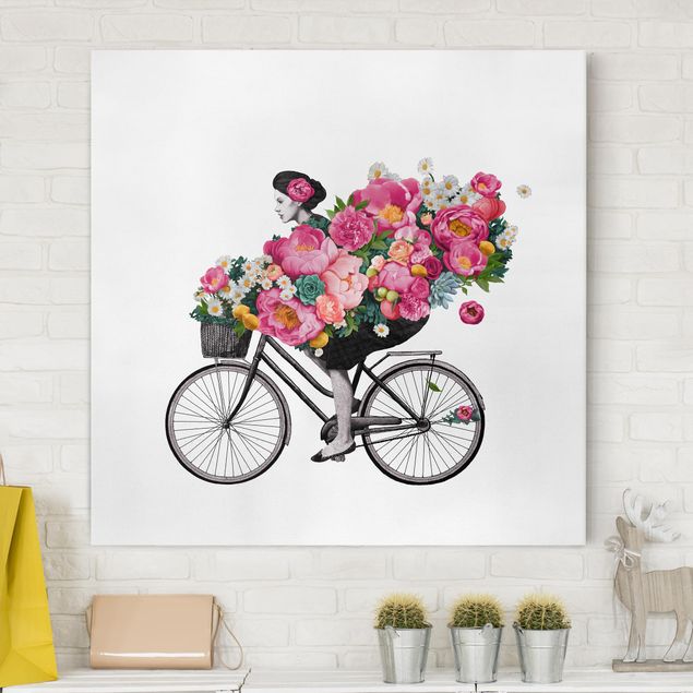 Quadro su tela fiori Illustrazione - Donna in bicicletta - Collage di fiori colorati