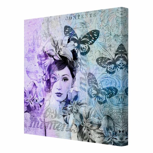 Quadri su tela Collage Shabby Chic - Ritratto con farfalle