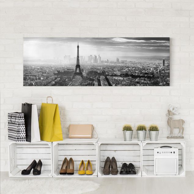 Stampa su tela bianco e nero La Torre Eiffel dall'alto in bianco e nero
