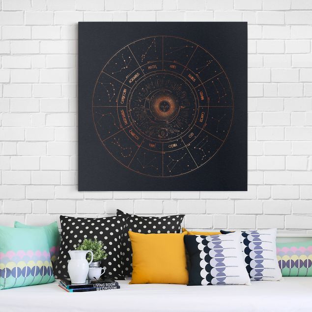 Quadri moderni per soggiorno Astrologia I 12 segni zodiacali Oro blu