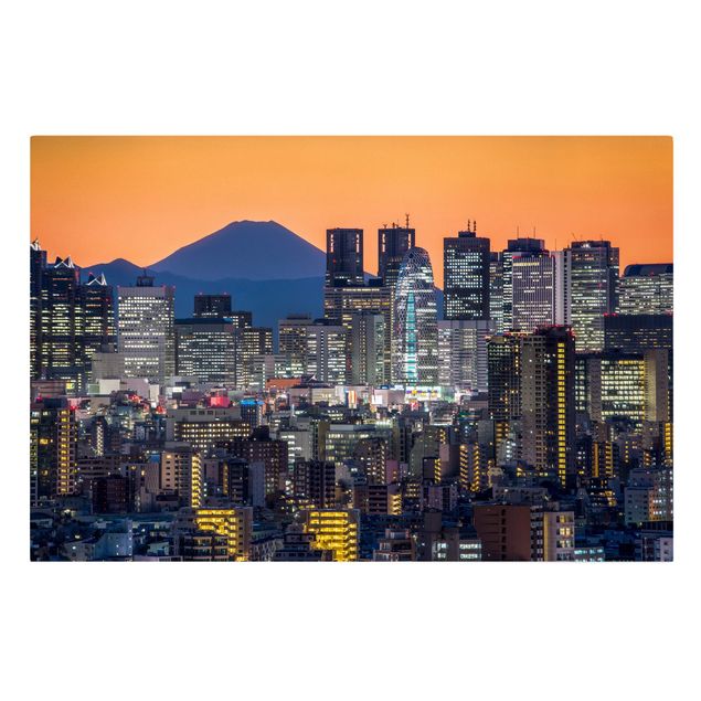 Stampe su tela città Tokyo con il monte Fuji al tramonto