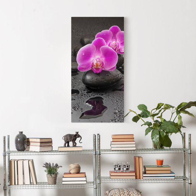 Riproduzione quadri su tela Fiore di orchidea rosa su pietra con gocce