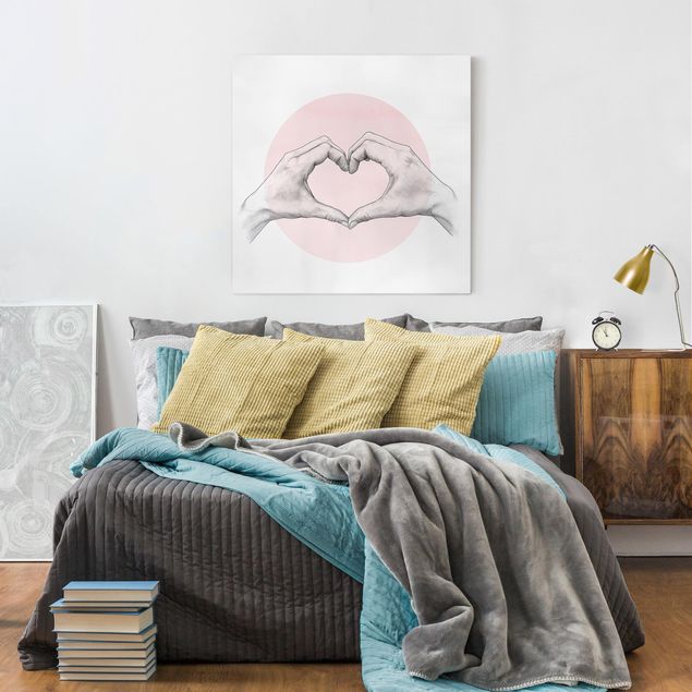 Quadri moderni per soggiorno Illustrazione - Cuore Mani Cerchio Rosa Bianco