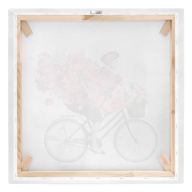 Quadri su tela - Illustrazione Donna in bicicletta Collage fiori variopinti