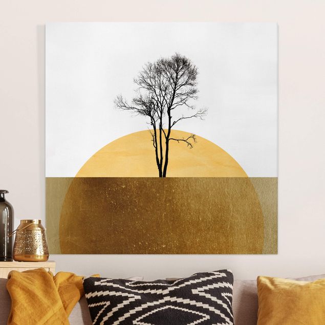 Quadri con tramonto Sole d'oro con albero