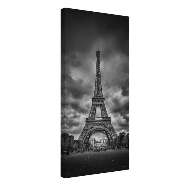 Quadri moderni per soggiorno Torre Eiffel davanti alle nuvole in bianco e nero