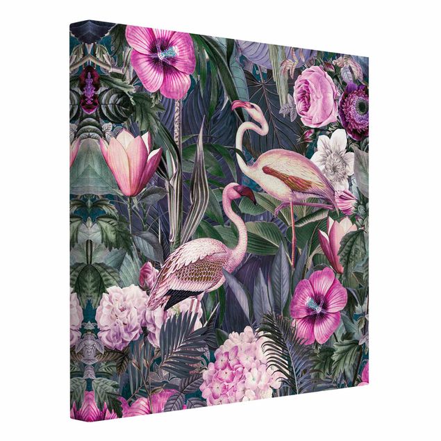 Riproduzioni su tela Collage colorato - Fenicotteri rosa nella giungla