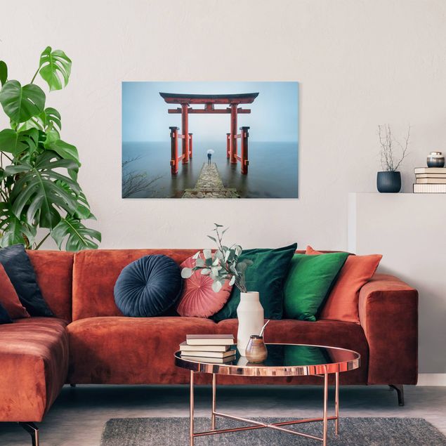 Stampe su tela paesaggio Torii rosso al lago Ashi