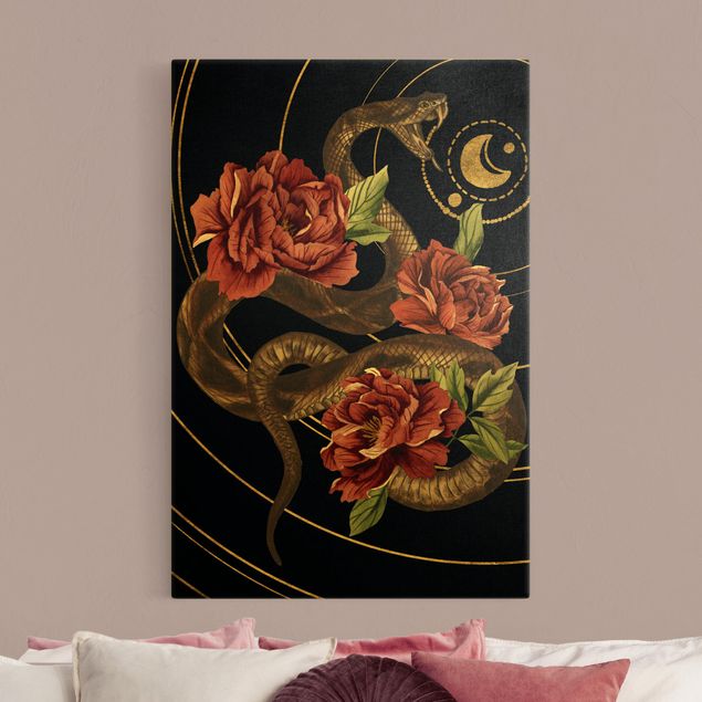 Tele rose Serpente con rose nero e oro II
