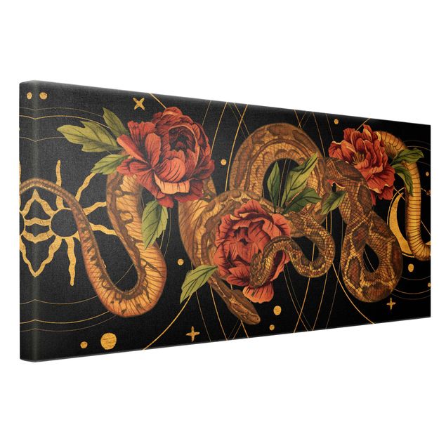Quadri moderni per soggiorno Serpenti con rose su oro e nero I