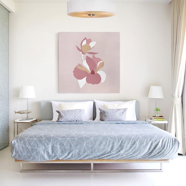 Quadri moderni per soggiorno Line Art - Fiori Rosa Pastello