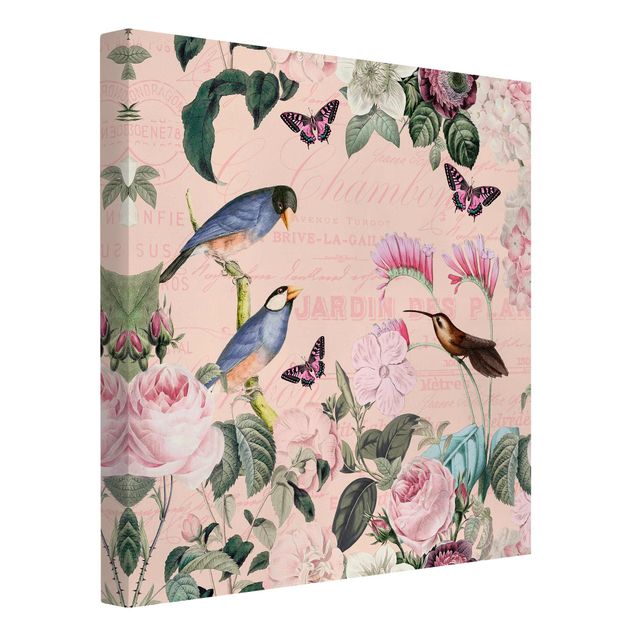Stampe su tela fiori Collage vintage - Rose e uccelli