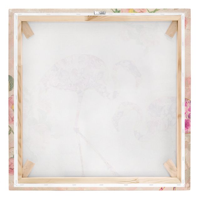 Stampe su tela Collage vintage - Fenicotteri con fiori rosa