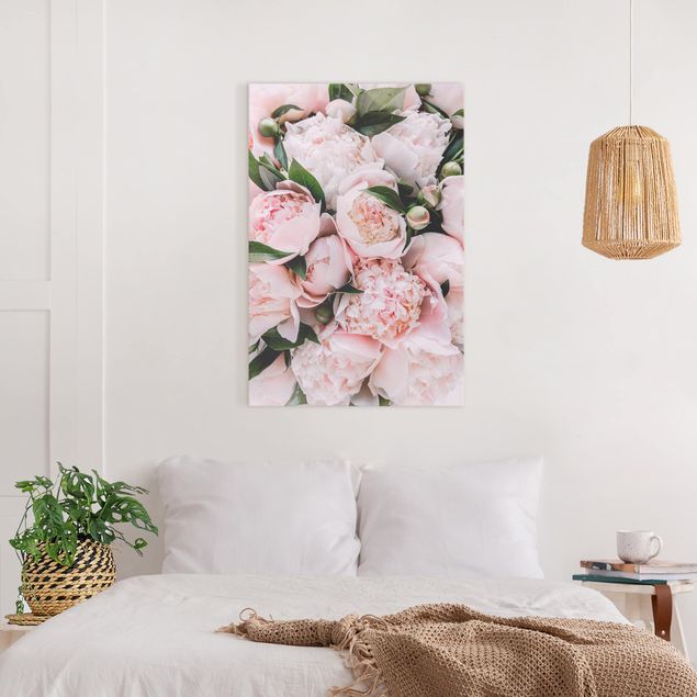 Quadri moderni per soggiorno Peonie rosa con foglie