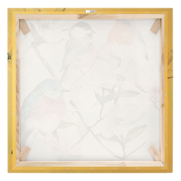 Quadro su tela oro - Uccellini colorati su un ramo di magnolia I