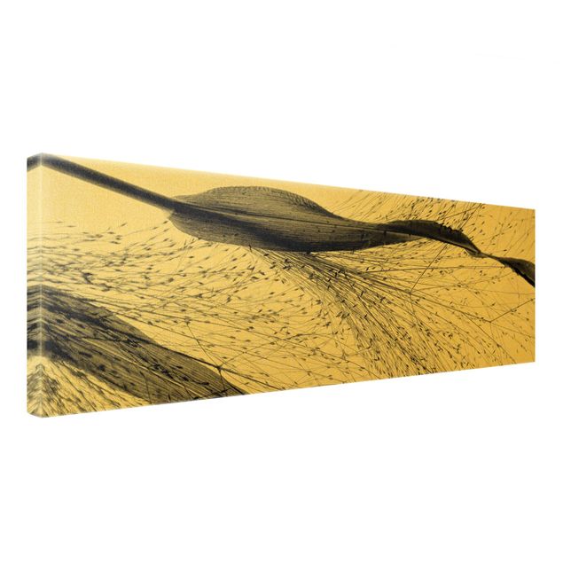 Quadro su tela oro - Canneto delicato con sottili gemme in bianco e nero