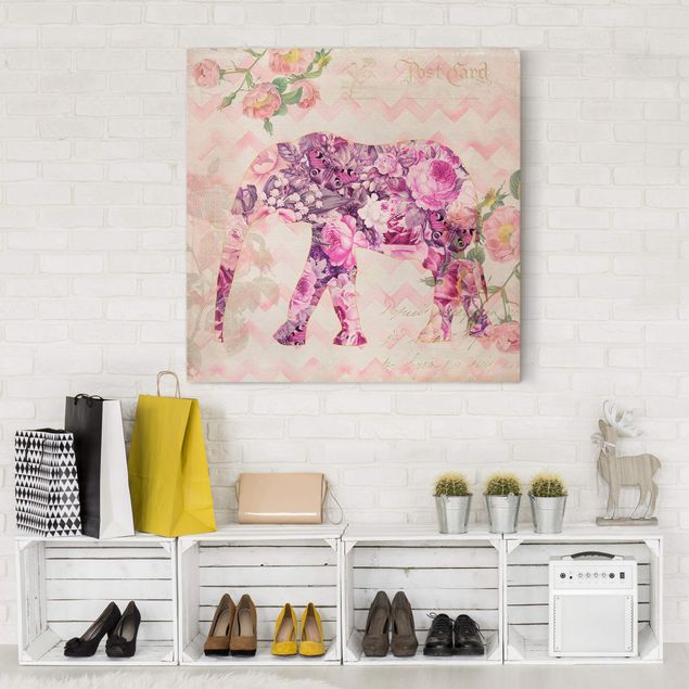 Quadri con farfalle Collage vintage - Fiori rosa elefante