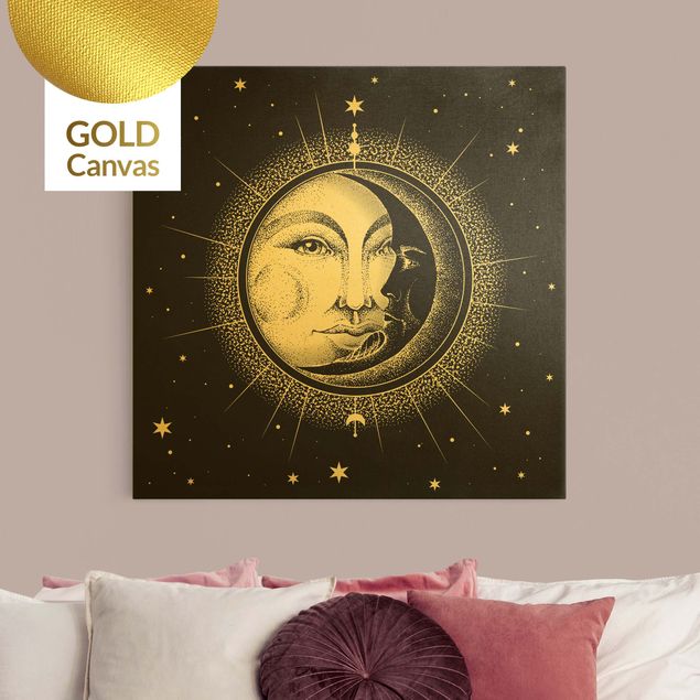  Tele oro Illustrazione vintage di sole e luna