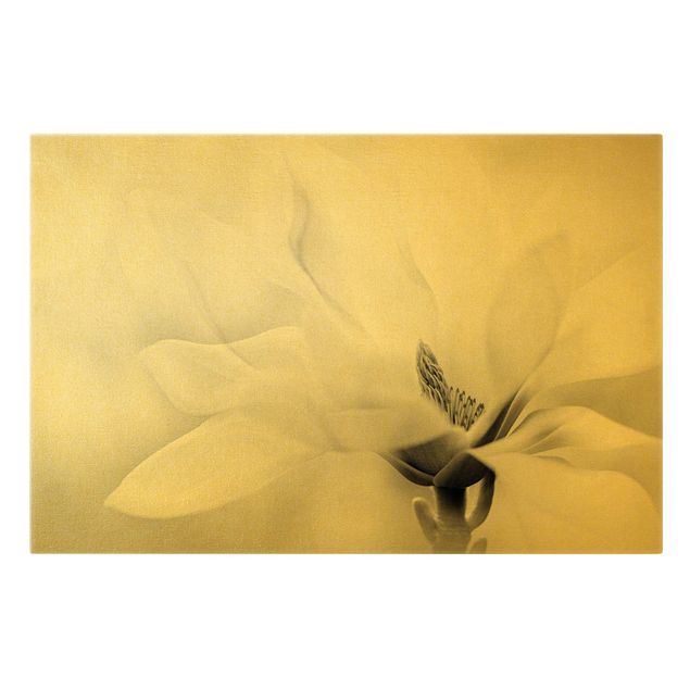 Quadro su tela oro - Delicata fioritura di magnolia in bianco e nero