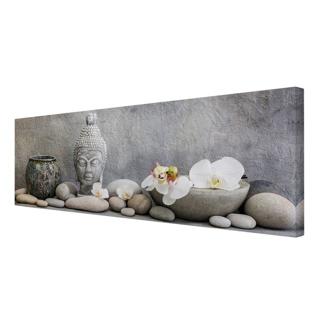 Stampa su tela - Zen Buddha con orchidee bianche - Panoramico