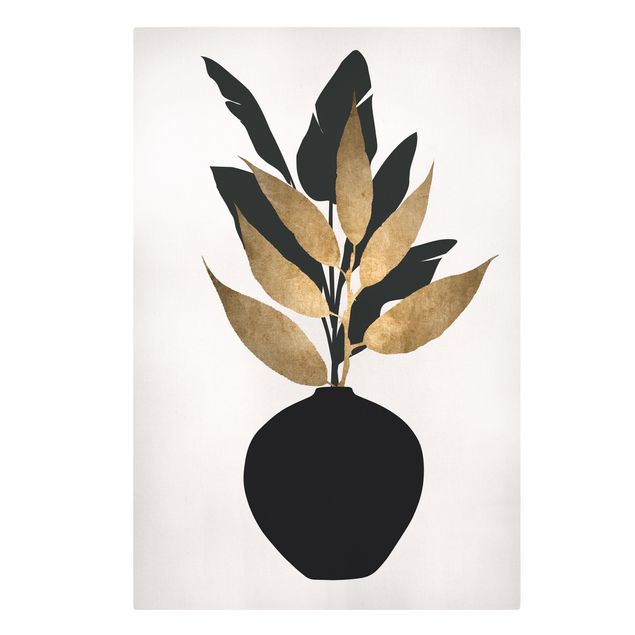 Stampa su tela Mondo grafico delle piante - Oro e nero
