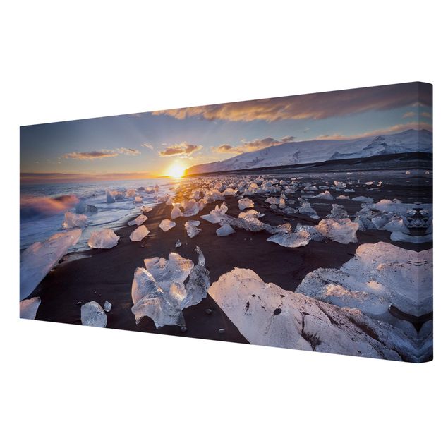 Stampa su tela - Chunks Of Ice On The Beach Iceland - Orizzontale 2:1