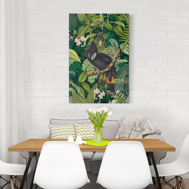 Quadro su tela fiori Collage colorato - Cacatua nella giungla