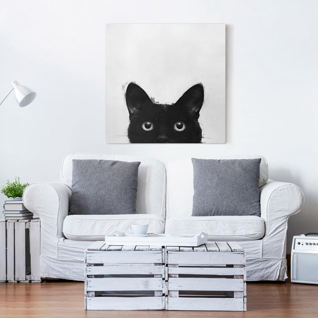 Stampa su tela bianco e nero Illustrazione - Gatto nero su pittura bianca