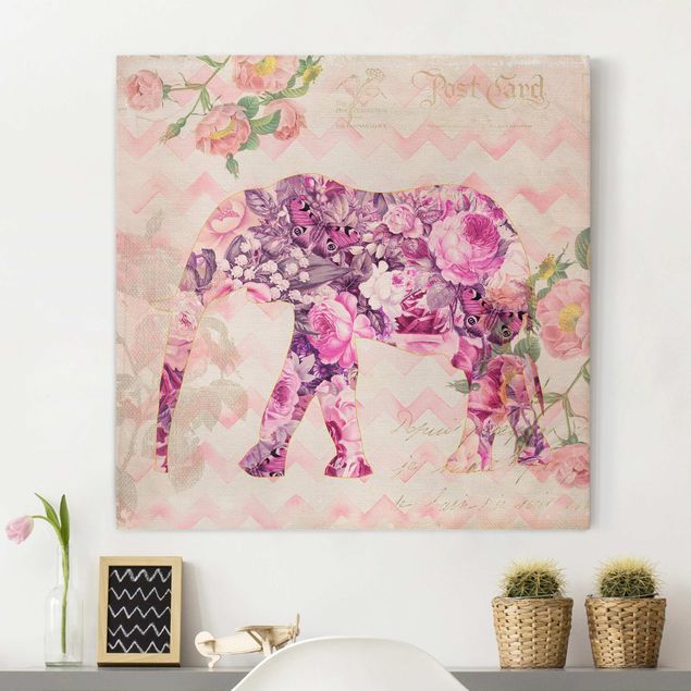 Quadri con elefanti Collage vintage - Fiori rosa elefante