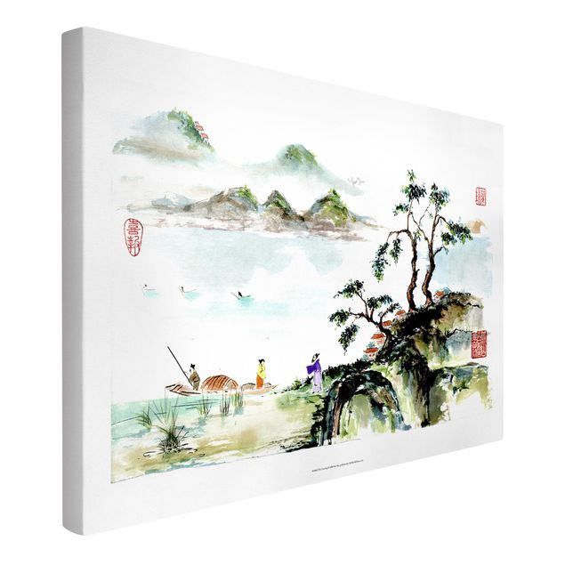 Stampa su tela vintage Disegno giapponese ad acquerello di lago e montagne
