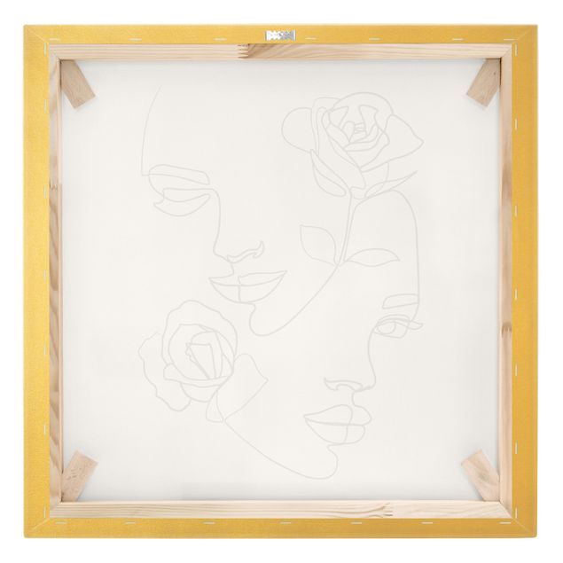 Quadro su tela oro - Line Art volti femminili e rose in bianco e nero