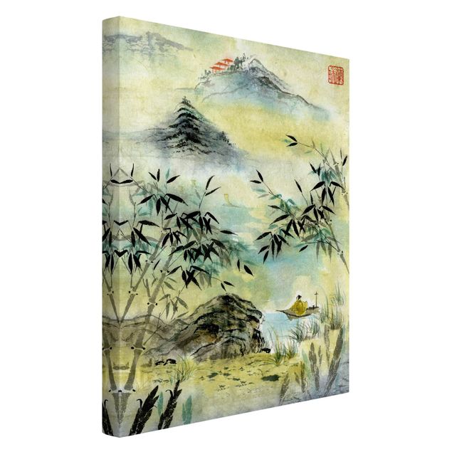 Tele con paesaggi Disegno acquerello giapponese Foresta di bambù