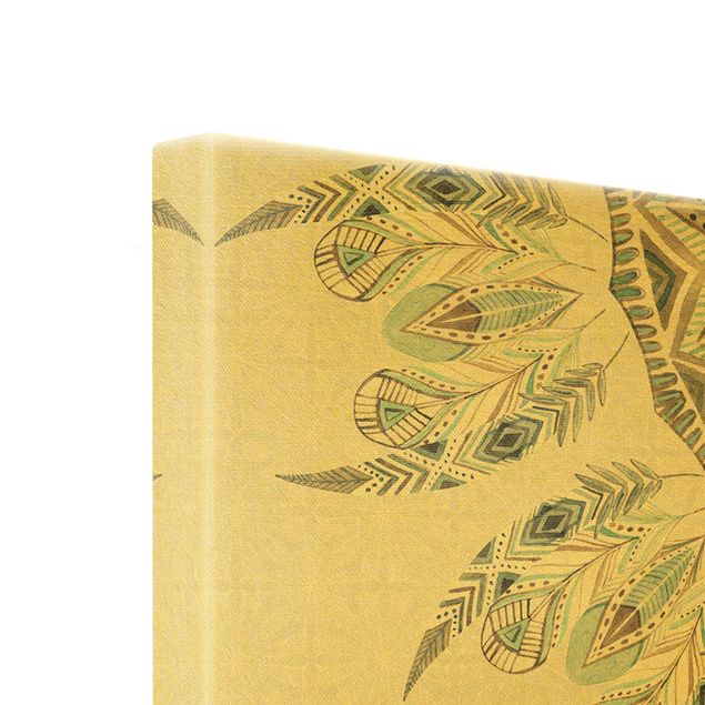Quadro su tela oro - Semicerchio mandala con piume in acquerello blu e verde