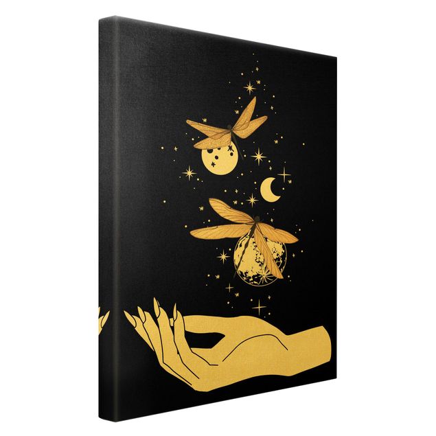 Quadro su tela oro - Mano magica - Libellule e pianeti