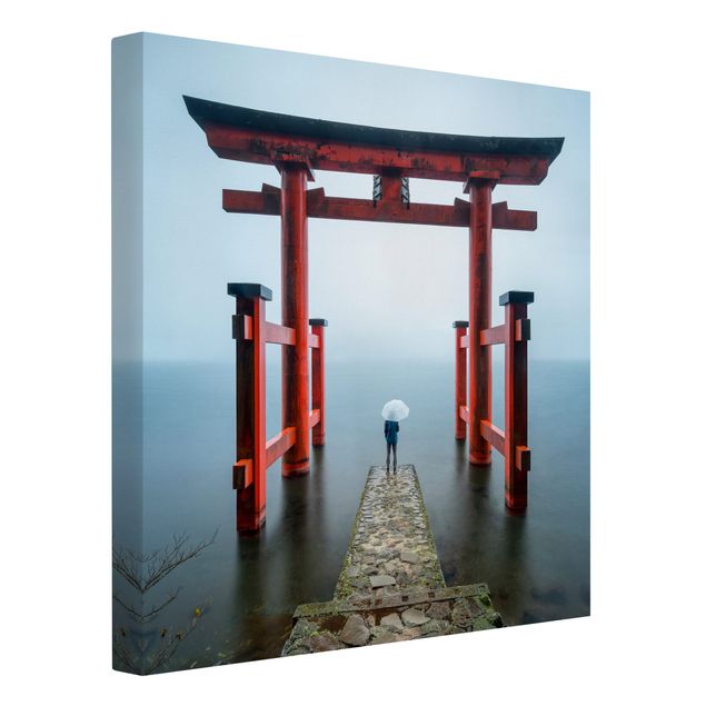 Stampa su tela città Torii rosso al lago Ashi