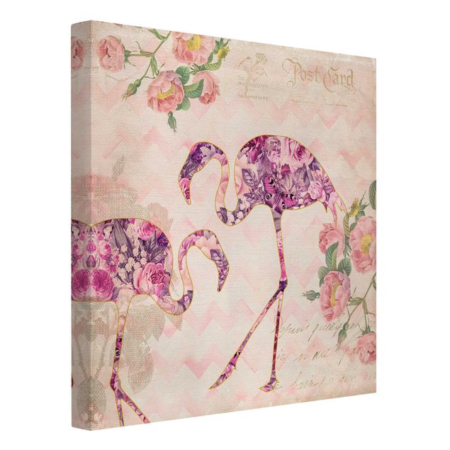 Quadri su tela fiori Collage vintage - Fenicotteri con fiori rosa