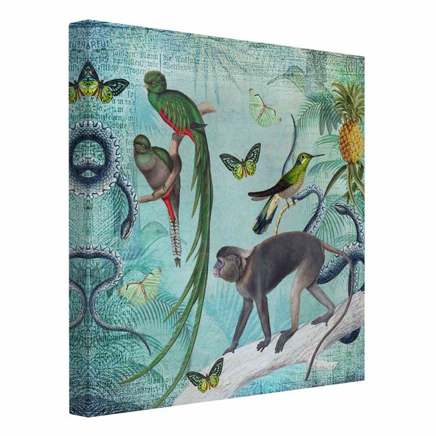 Quadro su tela fiori Collage in stile coloniale - Scimmie e uccelli del paradiso