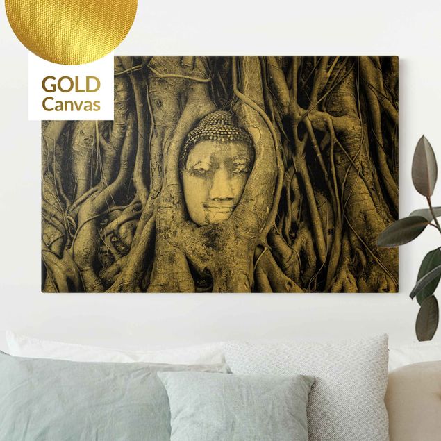 Stampe su tela oro Buddha ad Ayuttaya incorniciato da radici di albero in bianco e nero