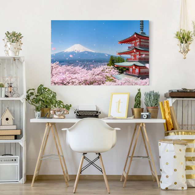 Quadro su tela fiori Pagoda Chureito e Monte Fuji