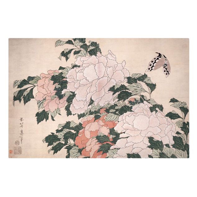 Quadri su tela animali Katsushika Hokusai - Peonie rosa con farfalla
