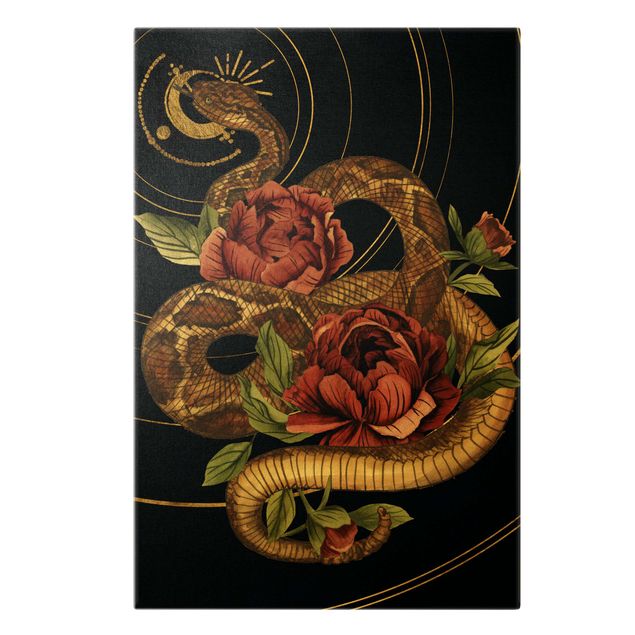 Quadri su tela animali Serpente con rose nero e oro I