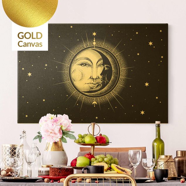  Tele oro Illustrazione vintage di sole e luna