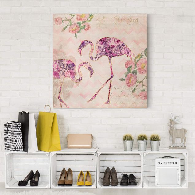 Quadri con farfalle Collage vintage - Fenicotteri con fiori rosa