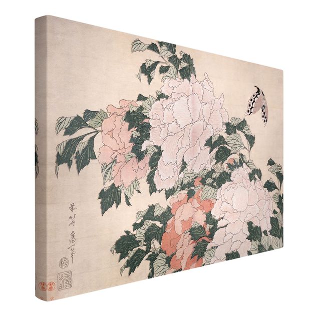 Riproduzione quadri su tela Katsushika Hokusai - Peonie rosa con farfalla