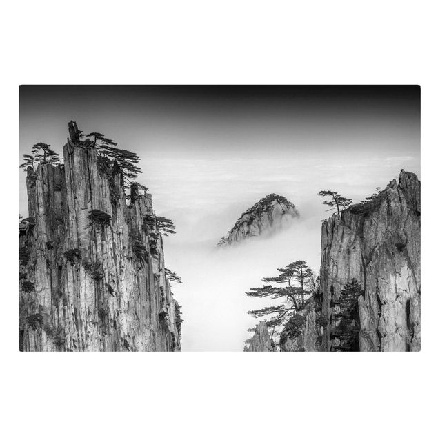 Stampe su tela paesaggio Rocce nella nebbia in bianco e nero
