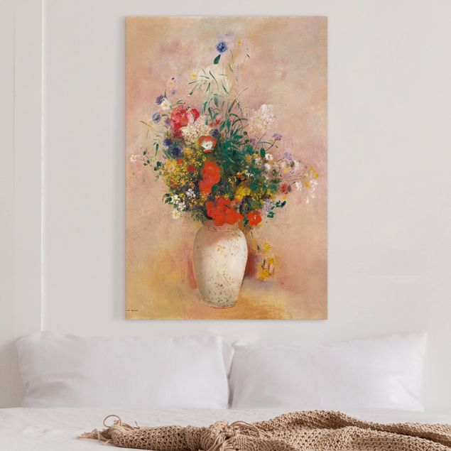 Quadro su tela fiori Odilon Redon - Vaso con fiori (sfondo rosato)