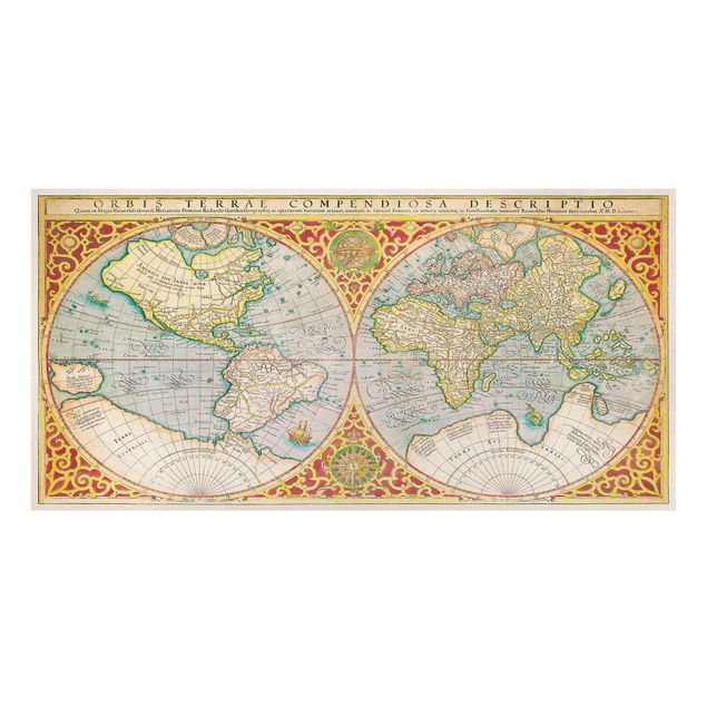 Stampa su tela - Storico Mappa del mondo Orbis Descriptio Terrare compendiosa - Orizzontale 1:2