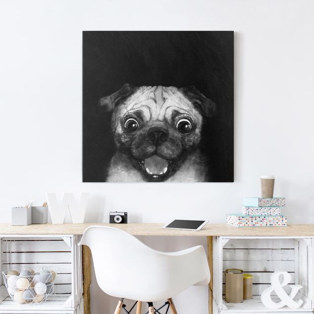 quadri con animali Illustrazione - cane carlino pittura su bianco e nero