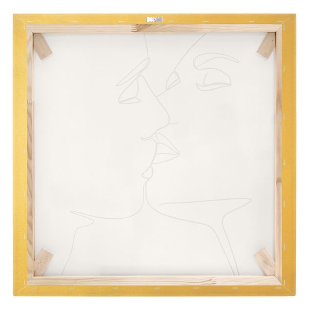 Quadro su tela oro - Line Art bacio e volti in bianco e nero